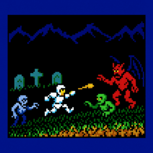 Screenshot of Ghosts'n Goblins on Amstrad CPC showing Arthur fighting zombies in a graveyard