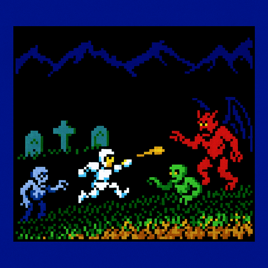 Screenshot of Ghosts'n Goblins on Amstrad CPC showing Arthur fighting zombies in a graveyard